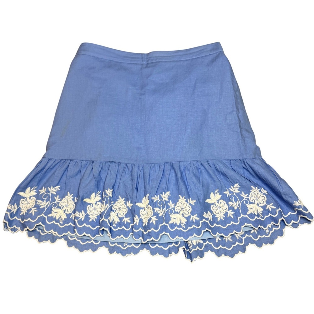 J.Crew Blue Linen Blend Floral Embroidered Scallop Ruffle Mini Skirt Medium